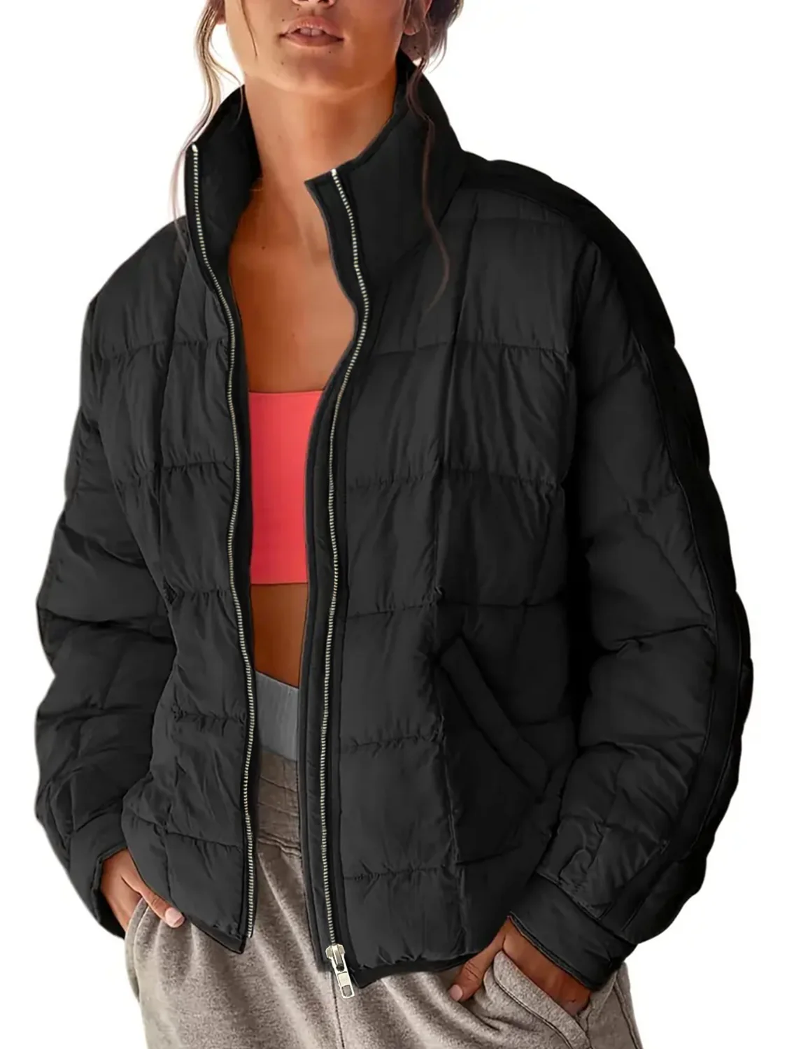Pocketed Plaid Quilted Zip Up Winter Coat - Image 10
