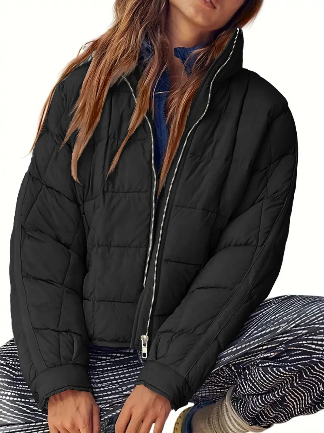 Pocketed Plaid Quilted Zip Up Winter Coat - Image 13