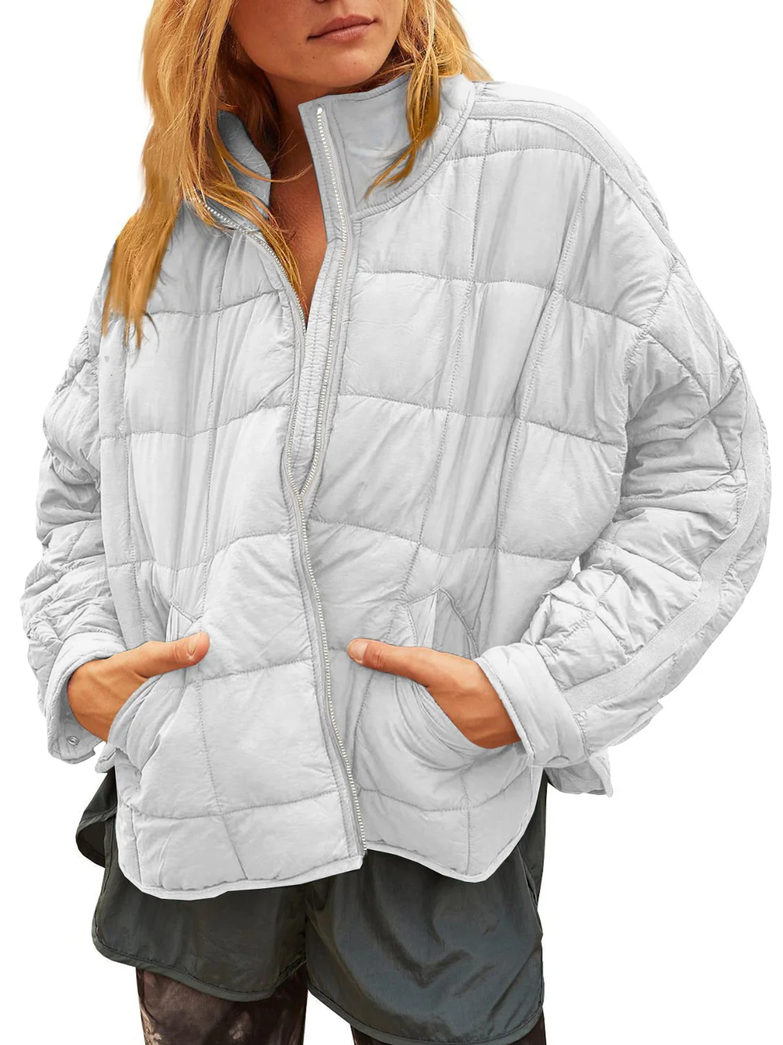 Pocketed Plaid Quilted Zip Up Winter Coat - Image 17