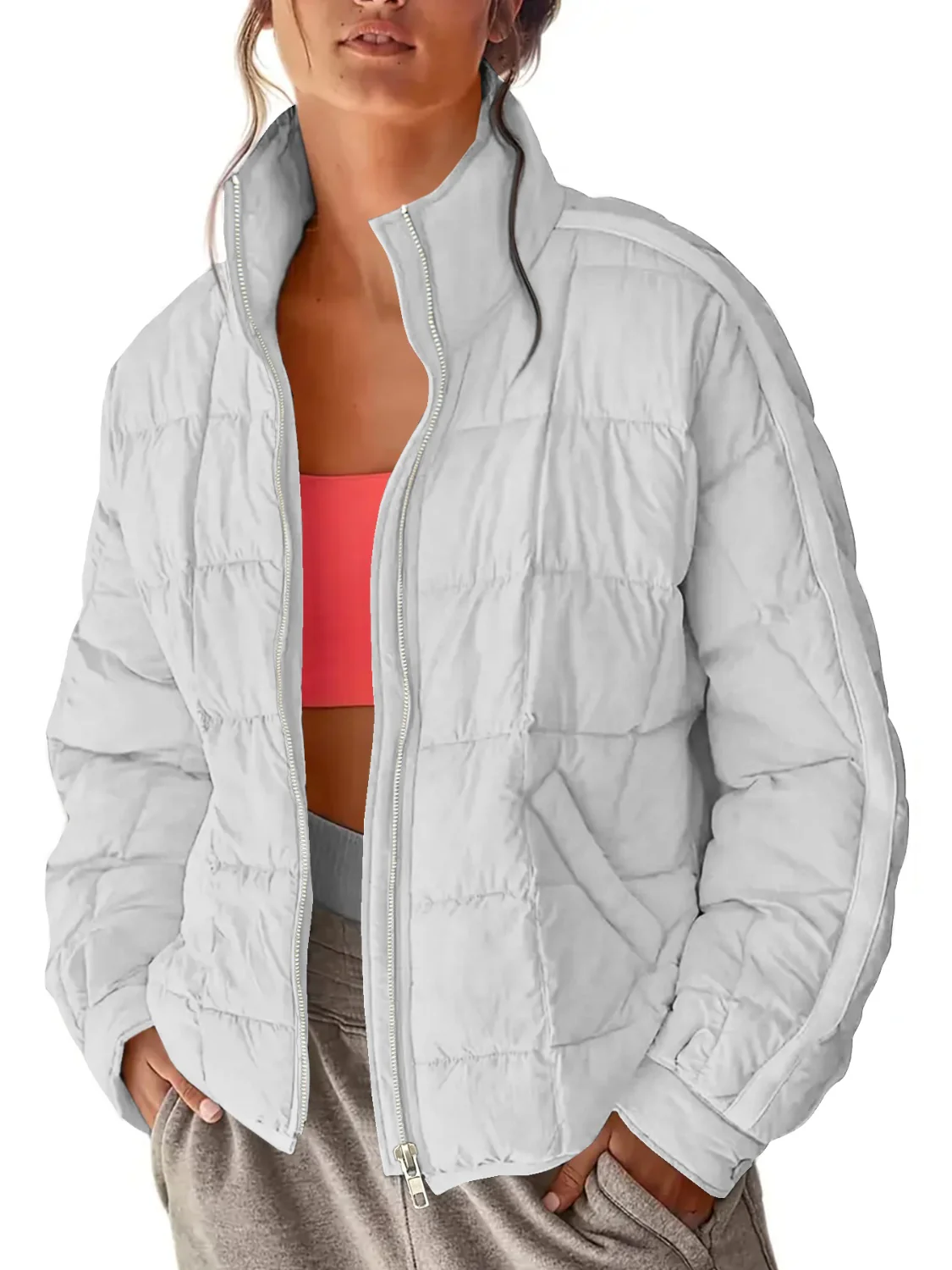 Pocketed Plaid Quilted Zip Up Winter Coat - Image 18