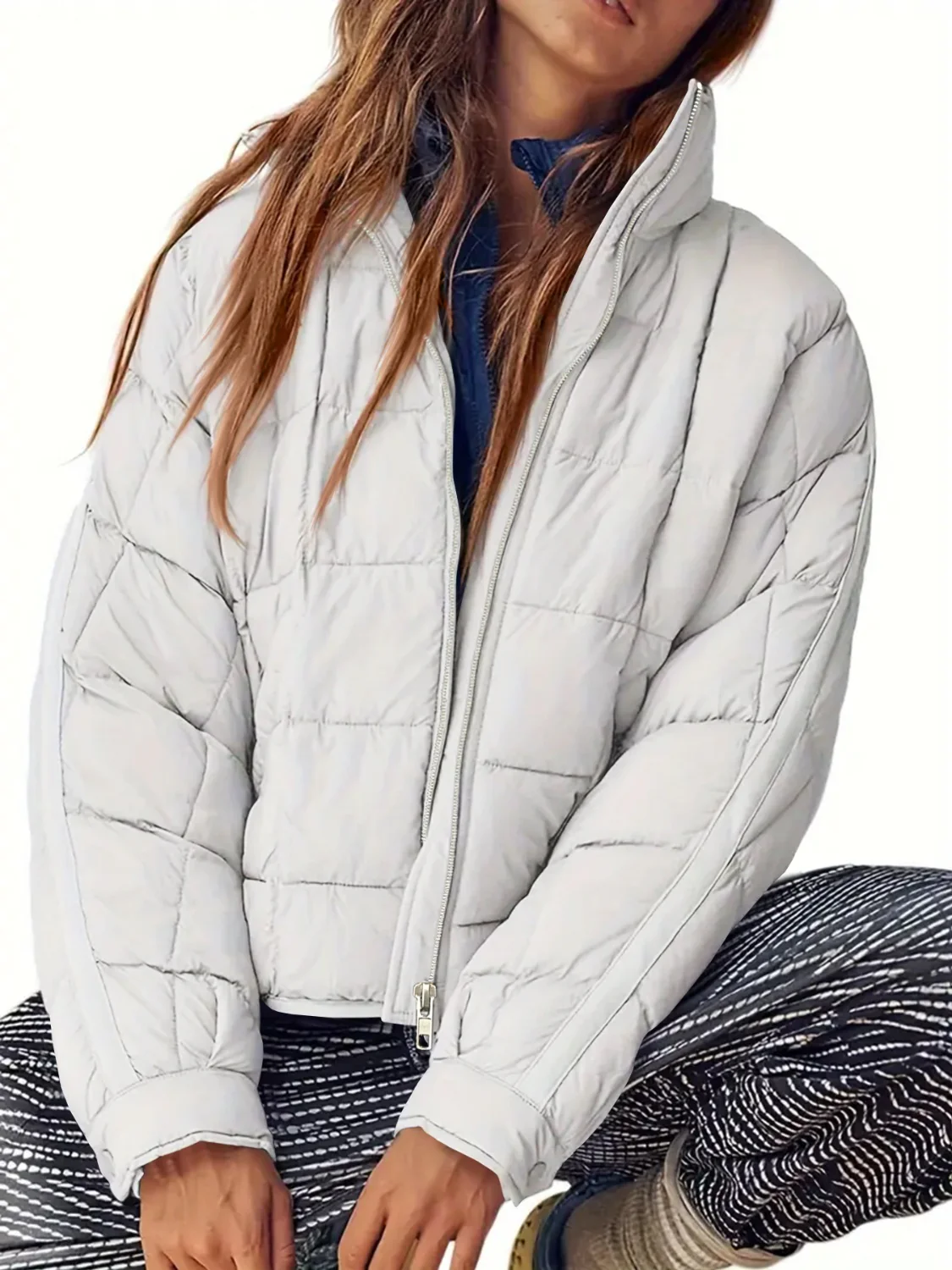 Pocketed Plaid Quilted Zip Up Winter Coat - Image 21