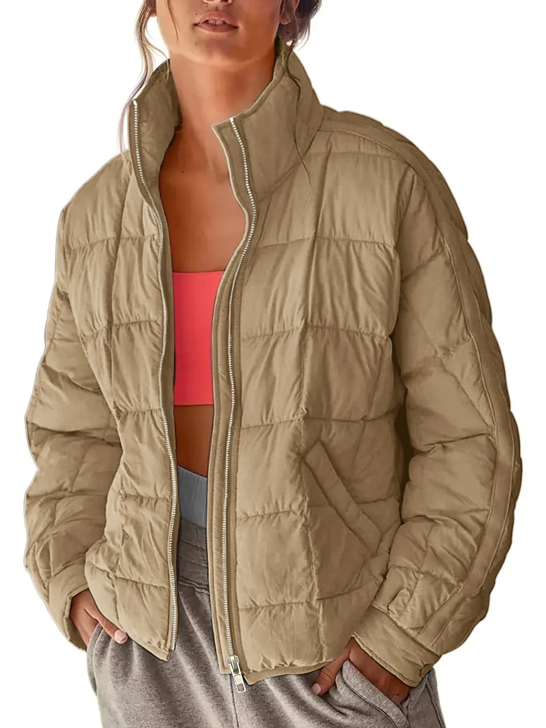 Pocketed Plaid Quilted Zip Up Winter Coat - Image 3