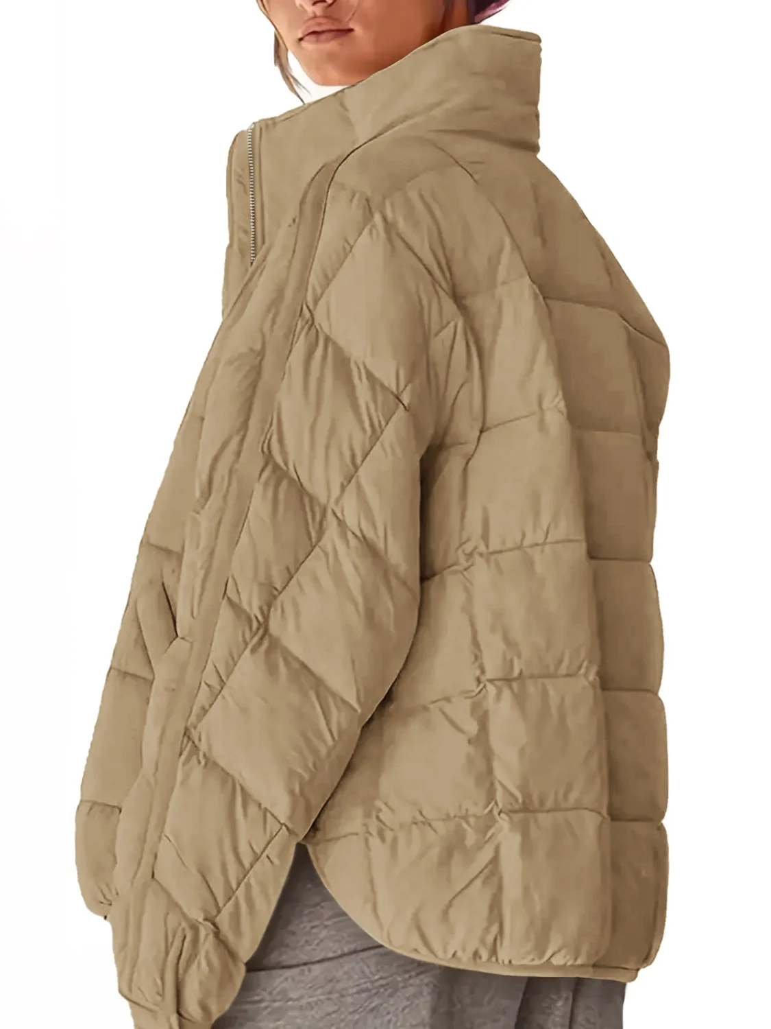 Pocketed Plaid Quilted Zip Up Winter Coat - Image 4