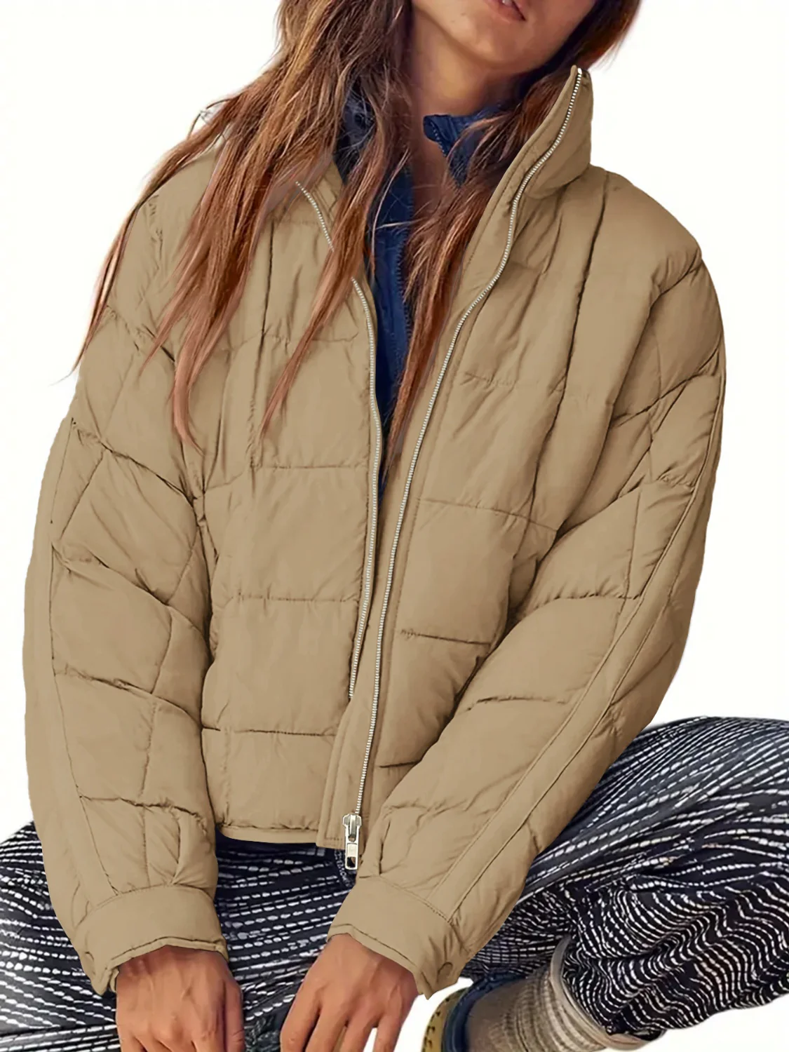 Pocketed Plaid Quilted Zip Up Winter Coat - Image 5