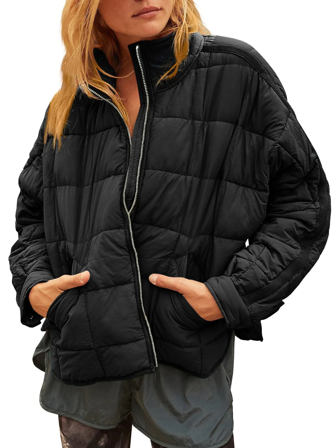 Pocketed Plaid Quilted Zip Up Winter Coat - Image 9