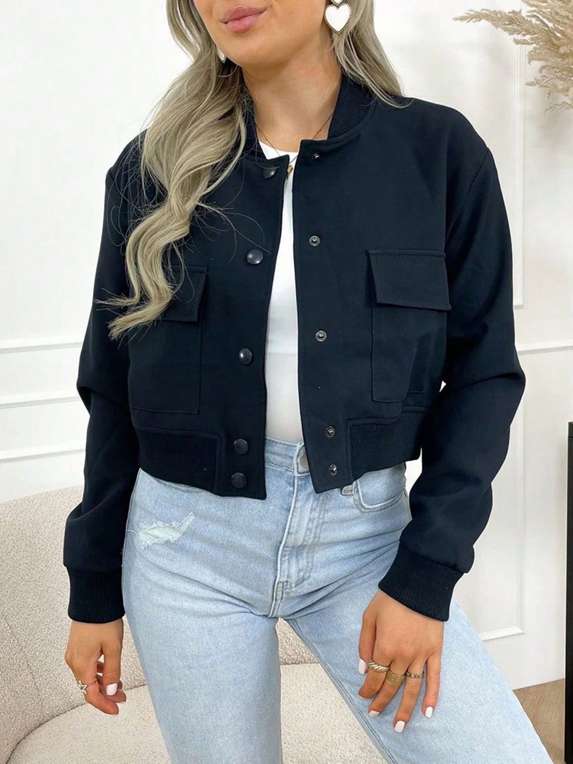 Pocketed Snap Down Baseball Collar Jacket - Image 14