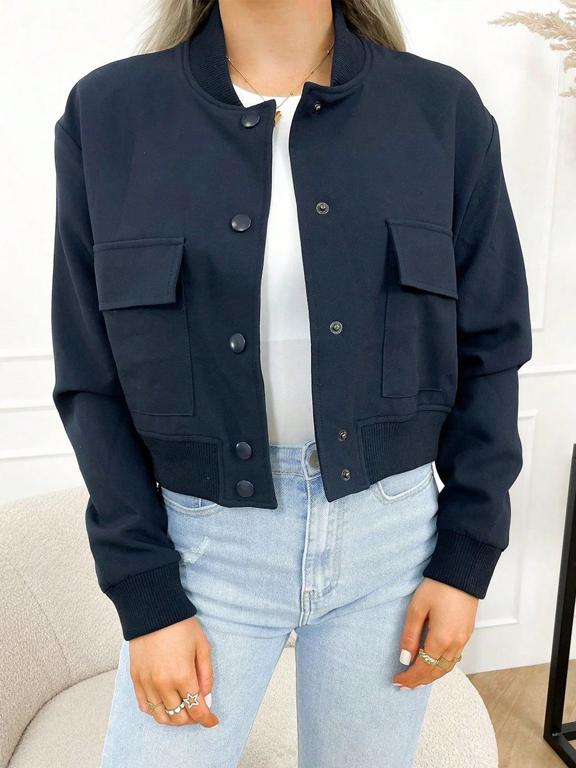 Pocketed Snap Down Baseball Collar Jacket - Image 15