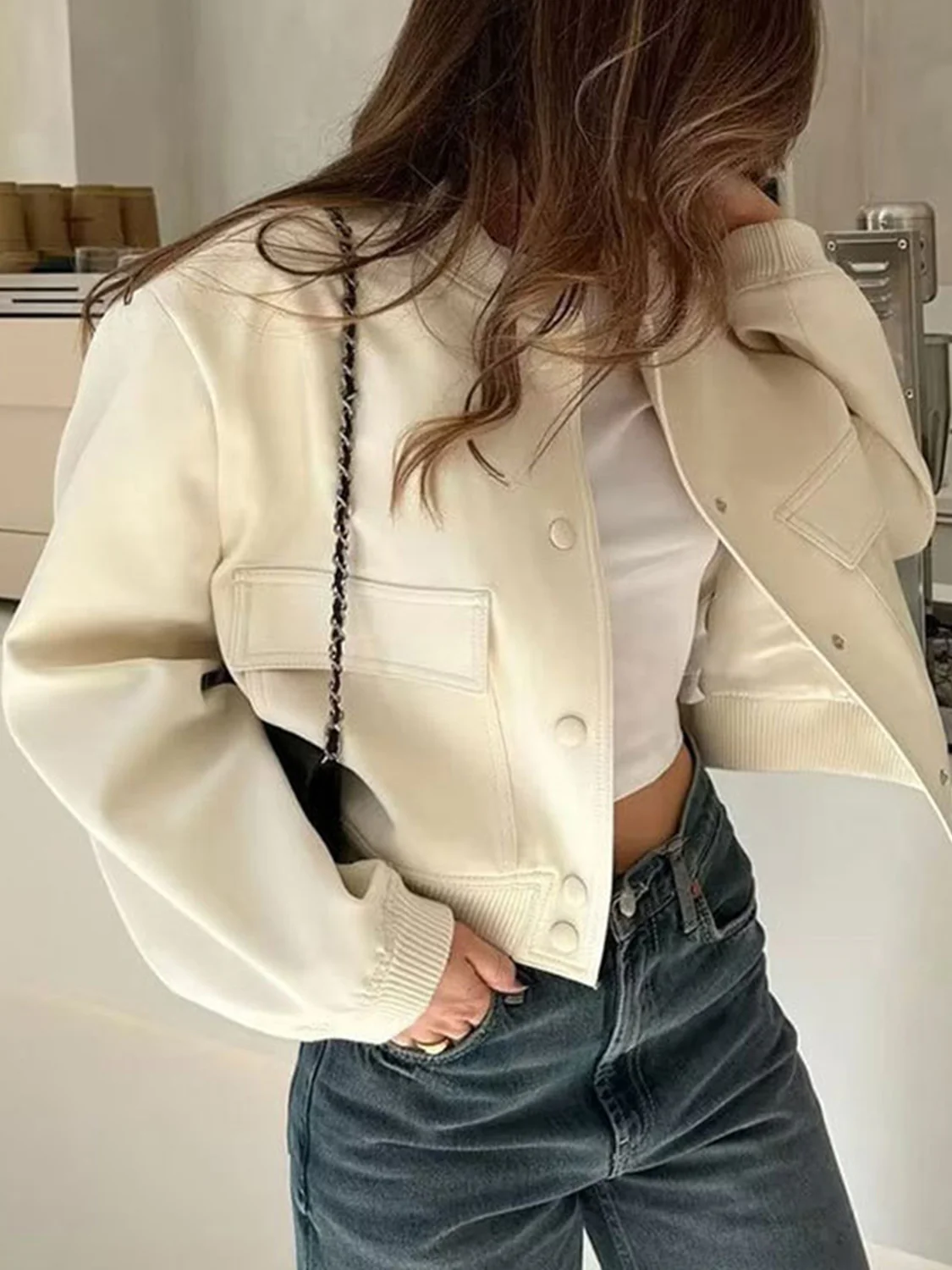 Pocketed Snap Down Baseball Collar Jacket - Image 6
