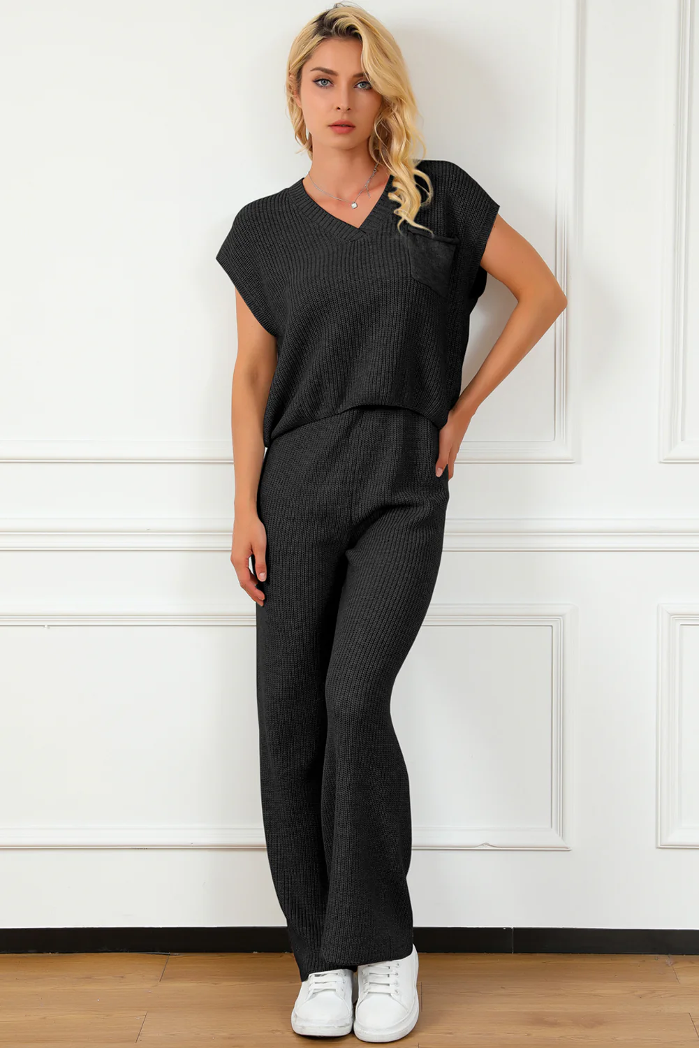 Pocketed V-Neck Top and Wide Leg Sweater Set - Image 10