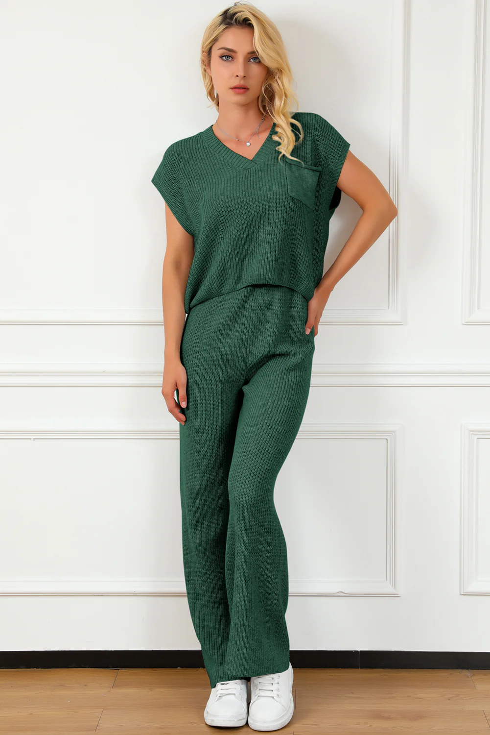 Pocketed V-Neck Top and Wide Leg Sweater Set - Image 4