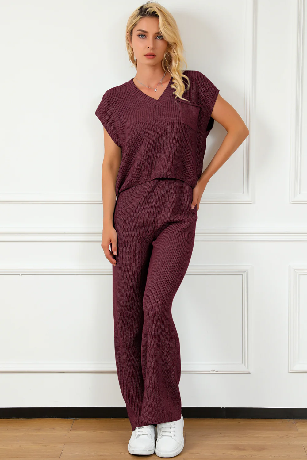 Pocketed V-Neck Top and Wide Leg Sweater Set - Image 6