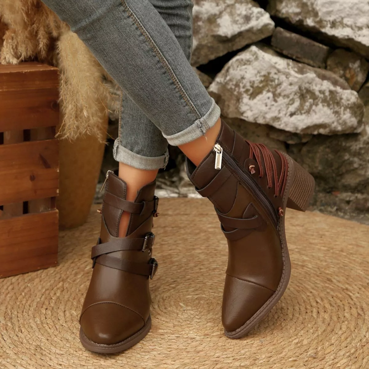 Point Toe Buckle Strap Ankle Boots with Block Heels - Image 8