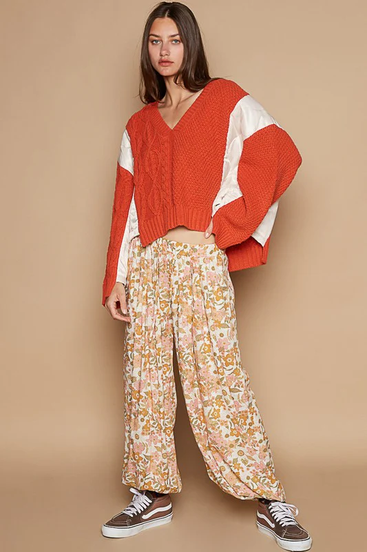 POL Cable Knit Quilting Patch V-Neck Contrast Sweater - Image 6