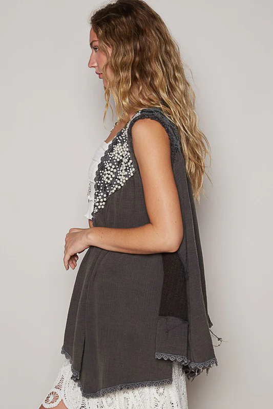 POL Embroidered Pearls Open Front Sleeveless Cardigan - Image 2
