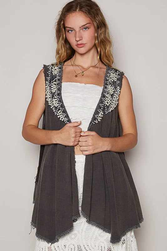 POL Embroidered Pearls Open Front Sleeveless Cardigan - Image 3