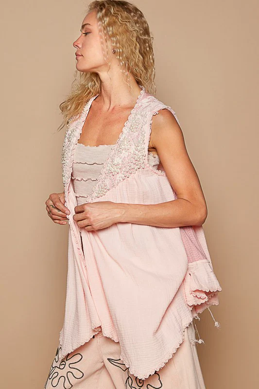 POL Embroidered Pearls Open Front Sleeveless Cardigan - Image 2