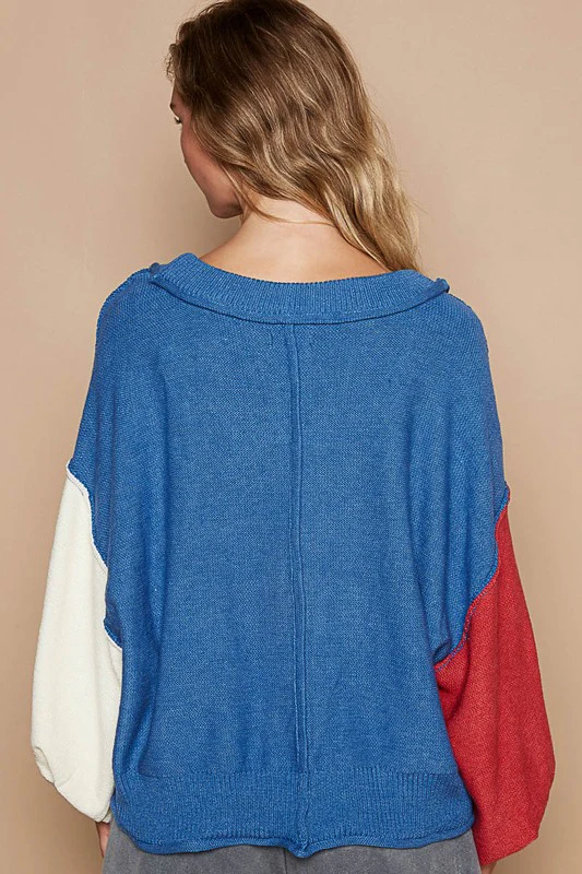 POL Exposed Seam Contrast V-Neck Lantern Sleeve Sweater - Image 2