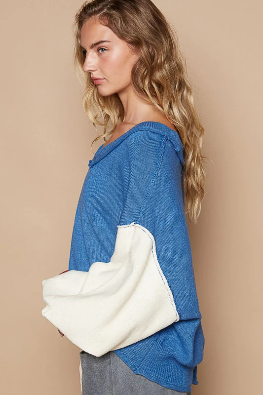 POL Exposed Seam Contrast V-Neck Lantern Sleeve Sweater - Image 3