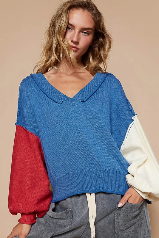 POL Exposed Seam Contrast V-Neck Lantern Sleeve Sweater - Image 4