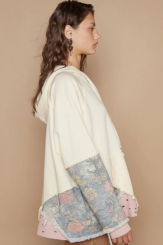 POL Floral Patchwork Distressed Drawstring Hoodie - Image 3