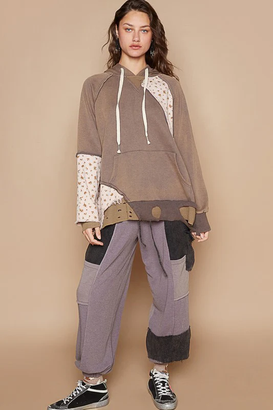 POL Floral Patchwork Distressed Drawstring Hoodie - Image 5