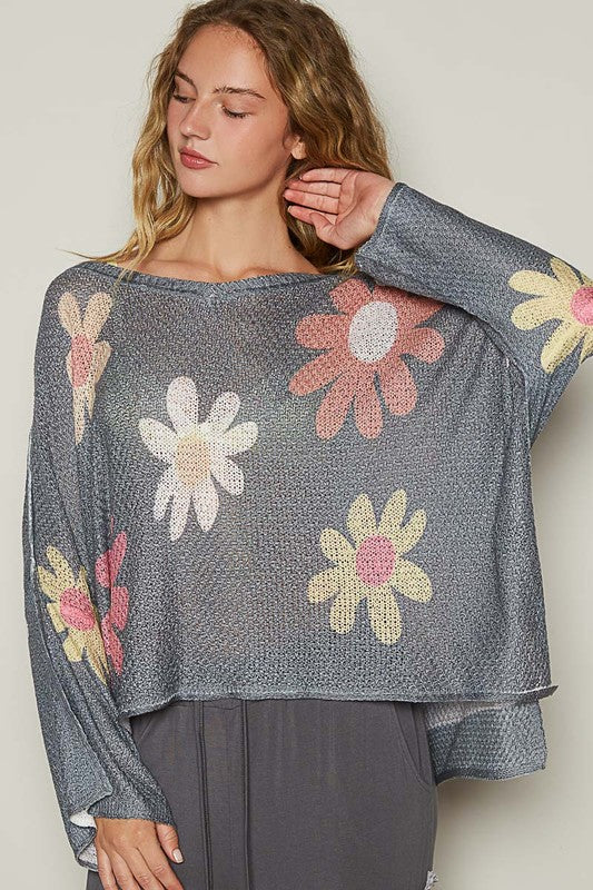 POL Flower Dropped Shoulder Long Sleeve Knit Top - Image 2