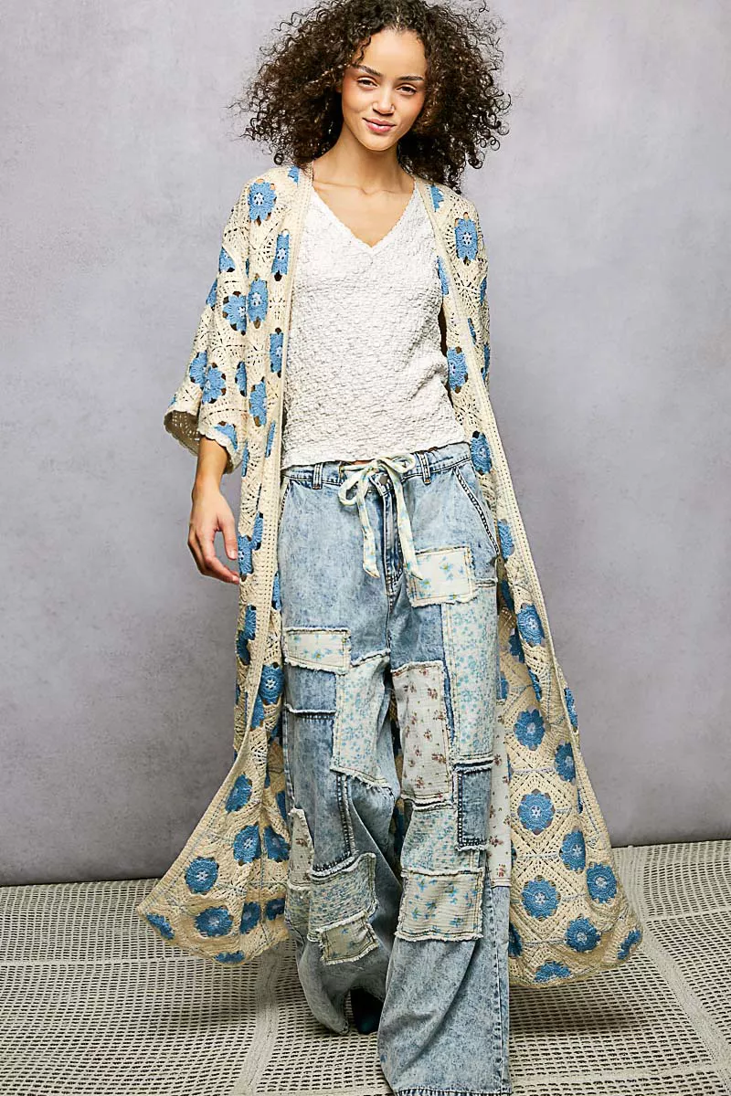 POL Open Front Floral Crochet Longline Cardigan - Image 2