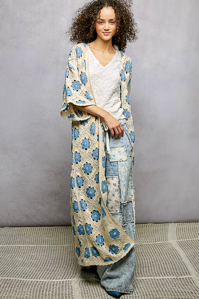 POL Open Front Floral Crochet Longline Cardigan - Image 3