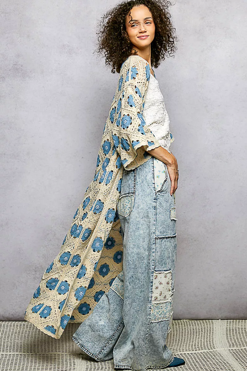 POL Open Front Floral Crochet Longline Cardigan - Image 4