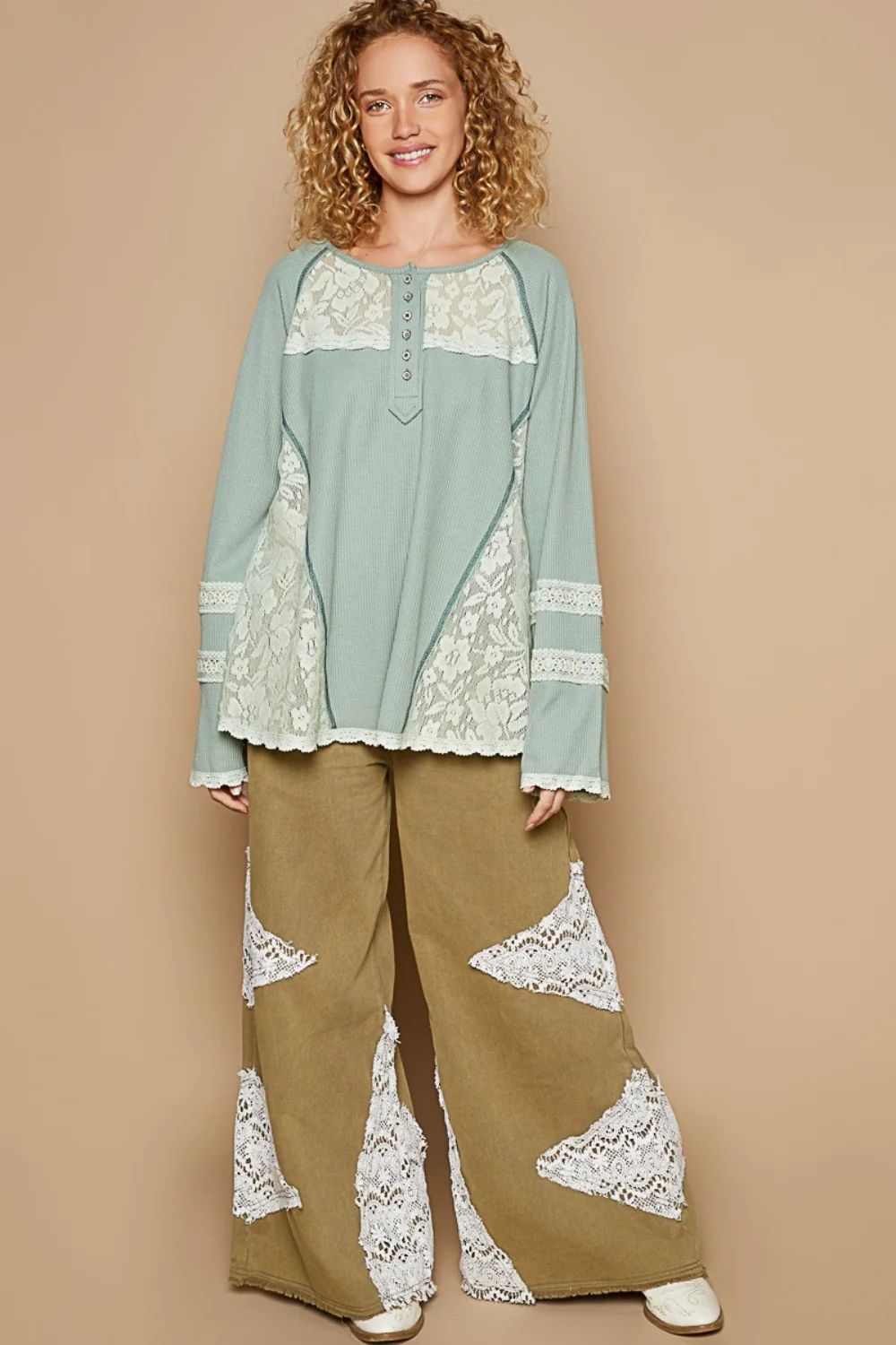 POL Round Neck Long Sleeve Lace Trim Thermal Top - Image 5