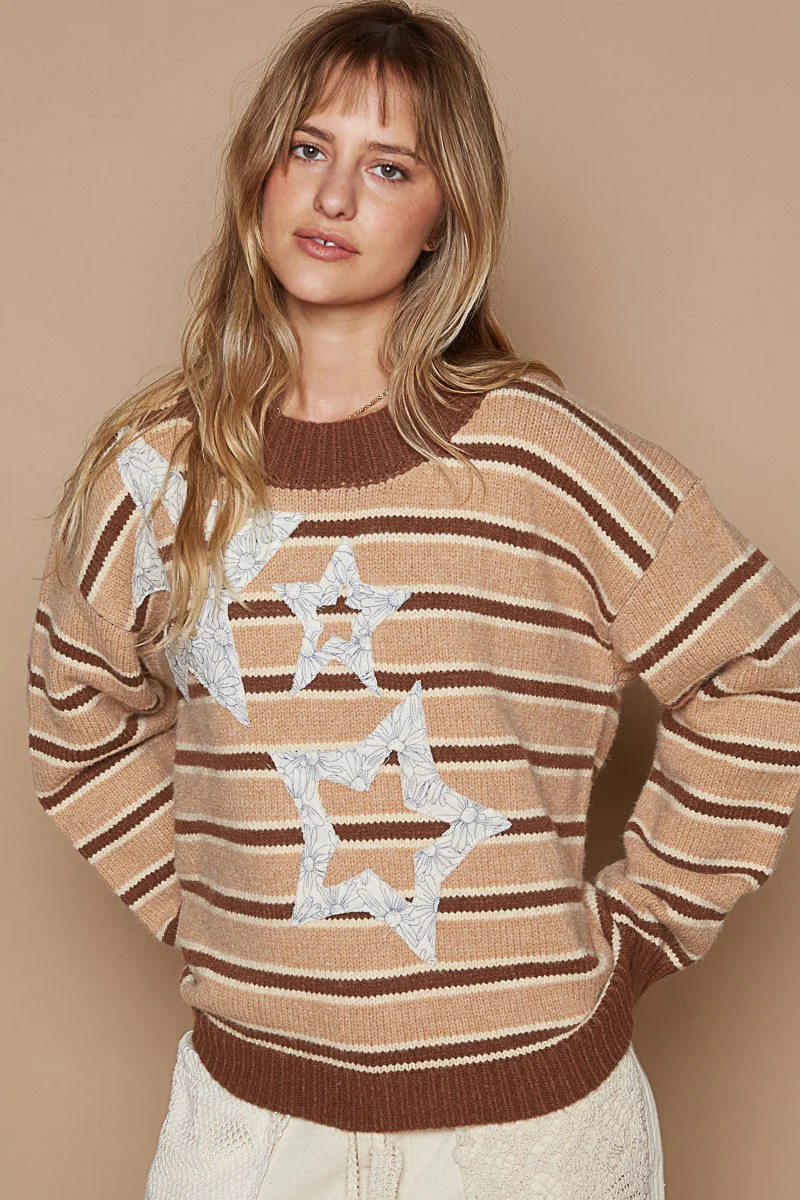 POL Star Patch Stripe Round Neck Sweater - Image 4