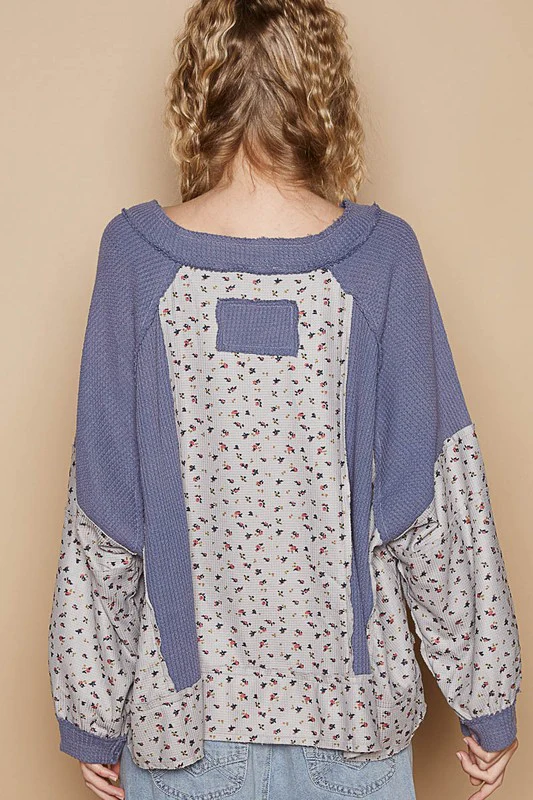 POL Waffle Knit Floral Notched Long Sleeve Top - Image 2