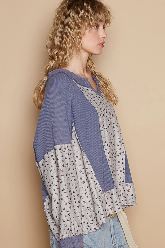 POL Waffle Knit Floral Notched Long Sleeve Top - Image 3