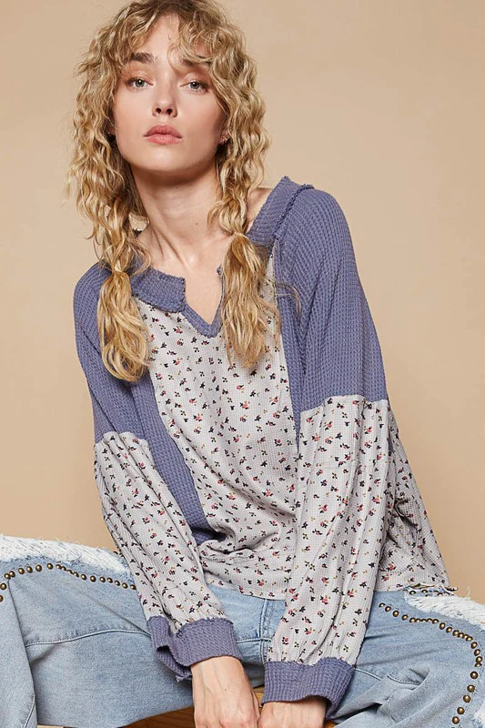POL Waffle Knit Floral Notched Long Sleeve Top - Image 4