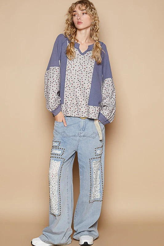 POL Waffle Knit Floral Notched Long Sleeve Top - Image 5