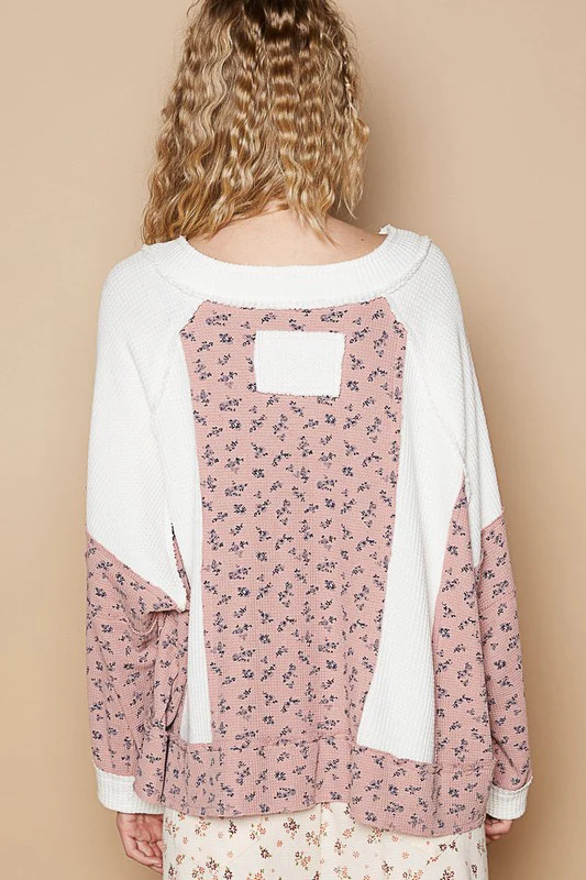 POL Waffle Knit Floral Notched Long Sleeve Top - Image 2