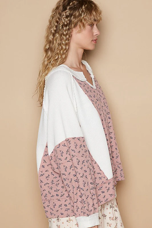 POL Waffle Knit Floral Notched Long Sleeve Top - Image 3