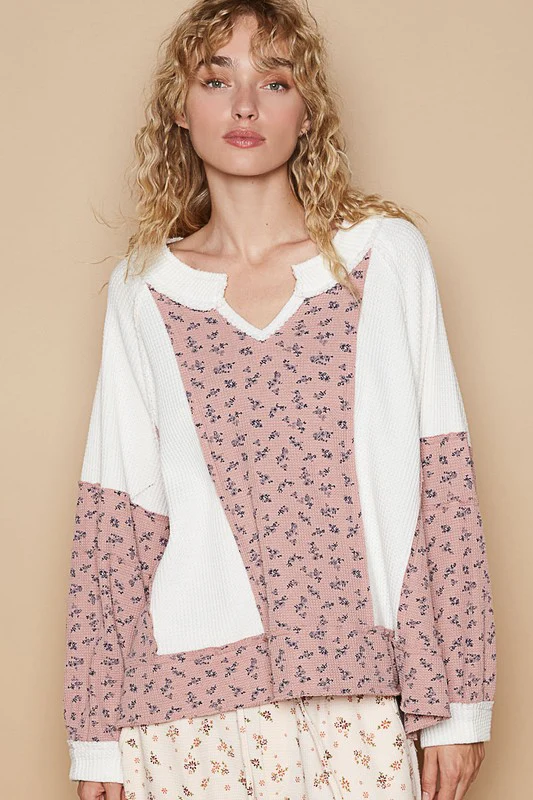 POL Waffle Knit Floral Notched Long Sleeve Top - Image 4