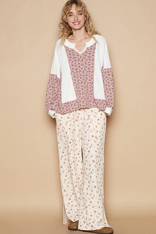 POL Waffle Knit Floral Notched Long Sleeve Top - Image 5