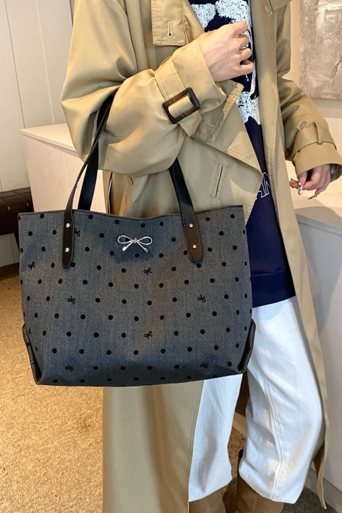 Polyester Bow Polka Dot Tote Bag - Image 4