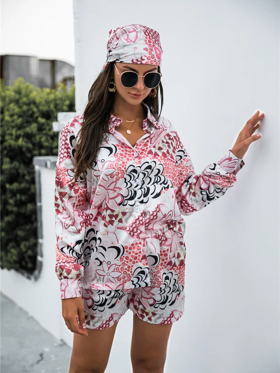 Printed Button Up Long Sleeve Shirt and Shorts Set - Image 10