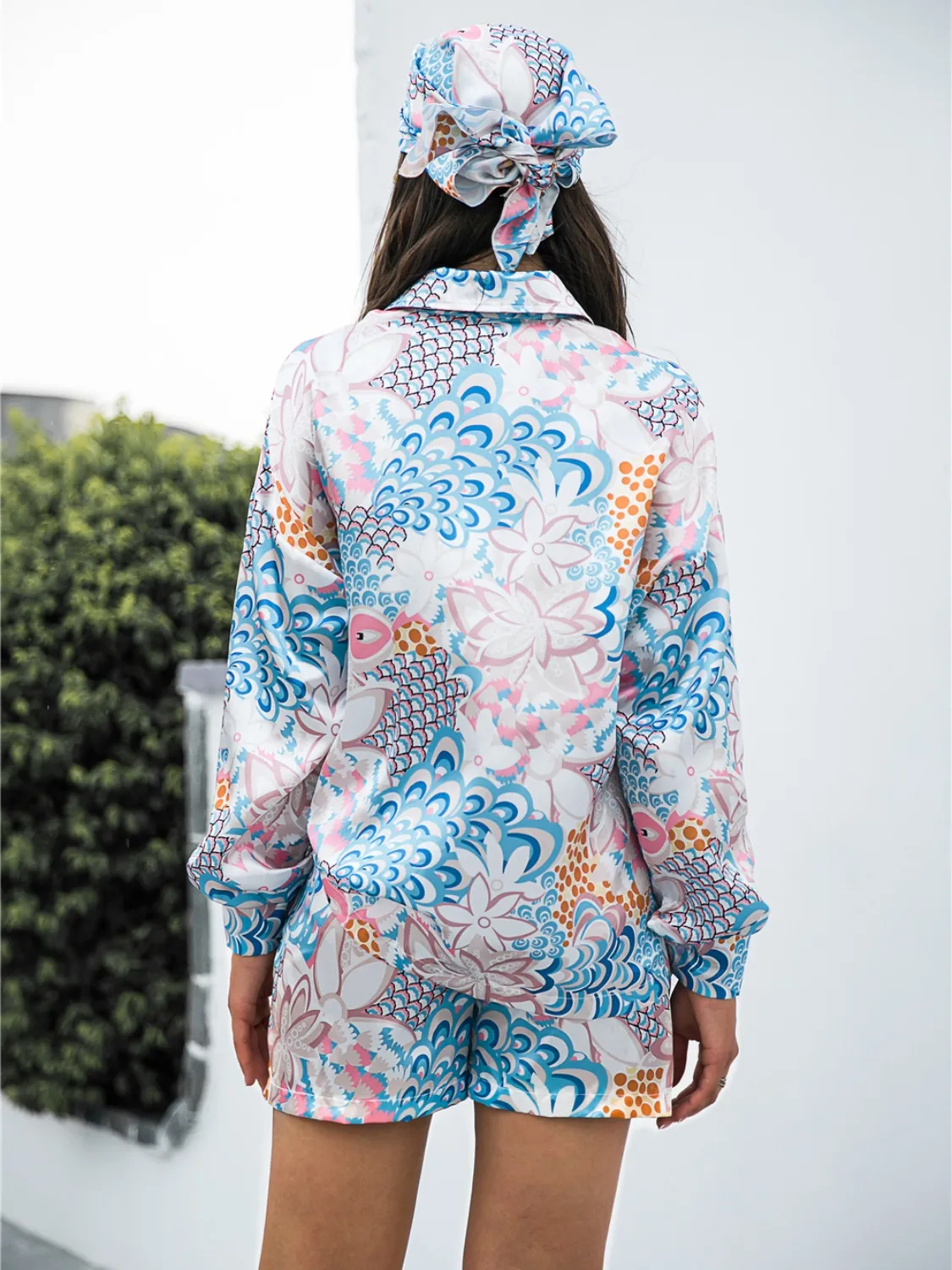 Printed Button Up Long Sleeve Shirt and Shorts Set - Image 2