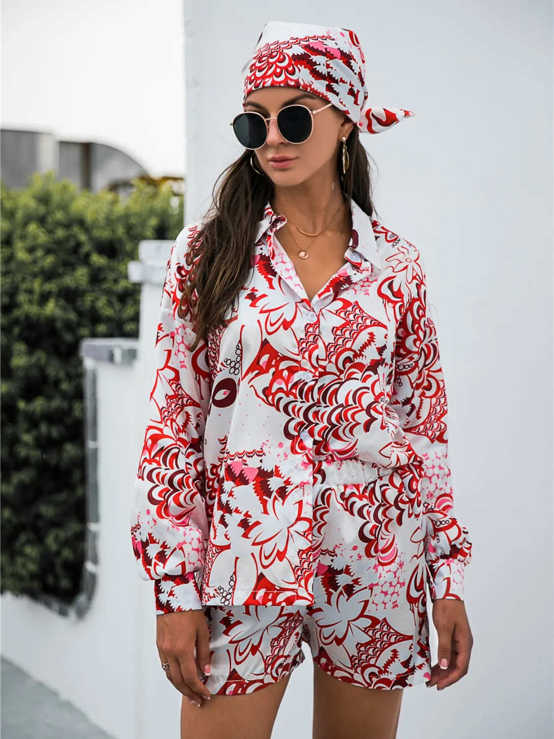Printed Button Up Long Sleeve Shirt and Shorts Set - Image 20
