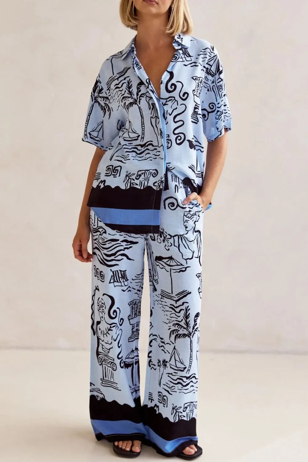 Printed Button Up Shirt and Pants Set Plus Size - Image 4