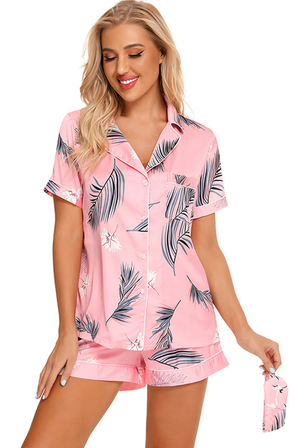 Printed Button Up Short Sleeve Top and Shorts Lounge Set - Image 3