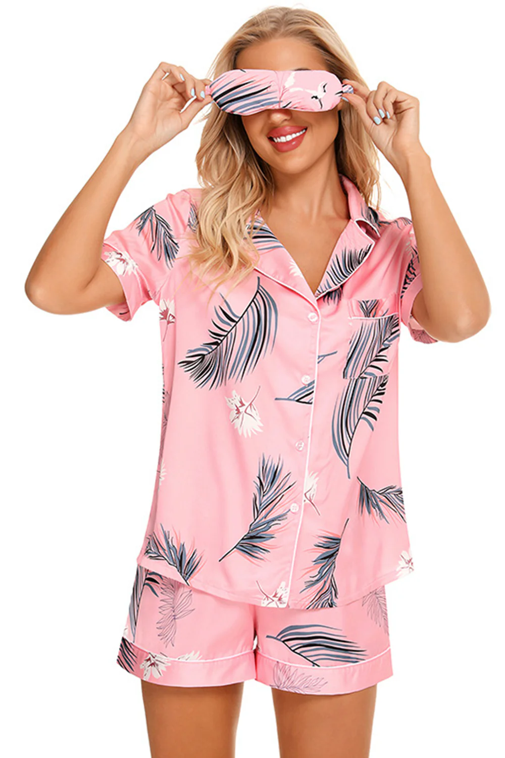 Printed Button Up Short Sleeve Top and Shorts Lounge Set - Image 4