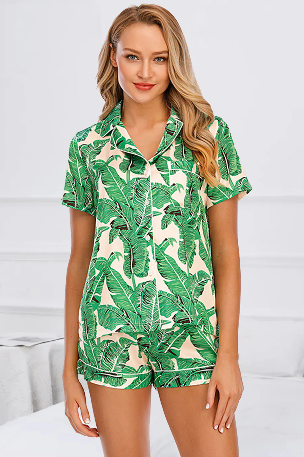 Printed Button Up Short Sleeve Top and Shorts Lounge Set - Image 9
