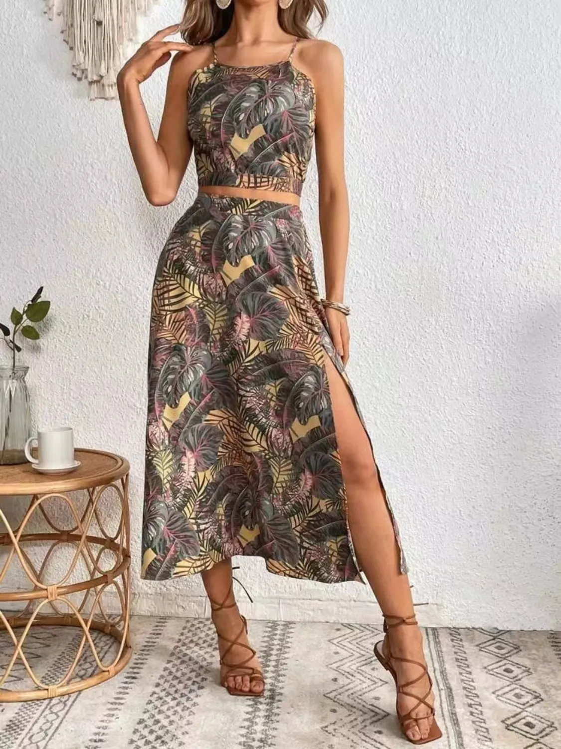 Printed Cami and Slit Skirt Set - Image 6