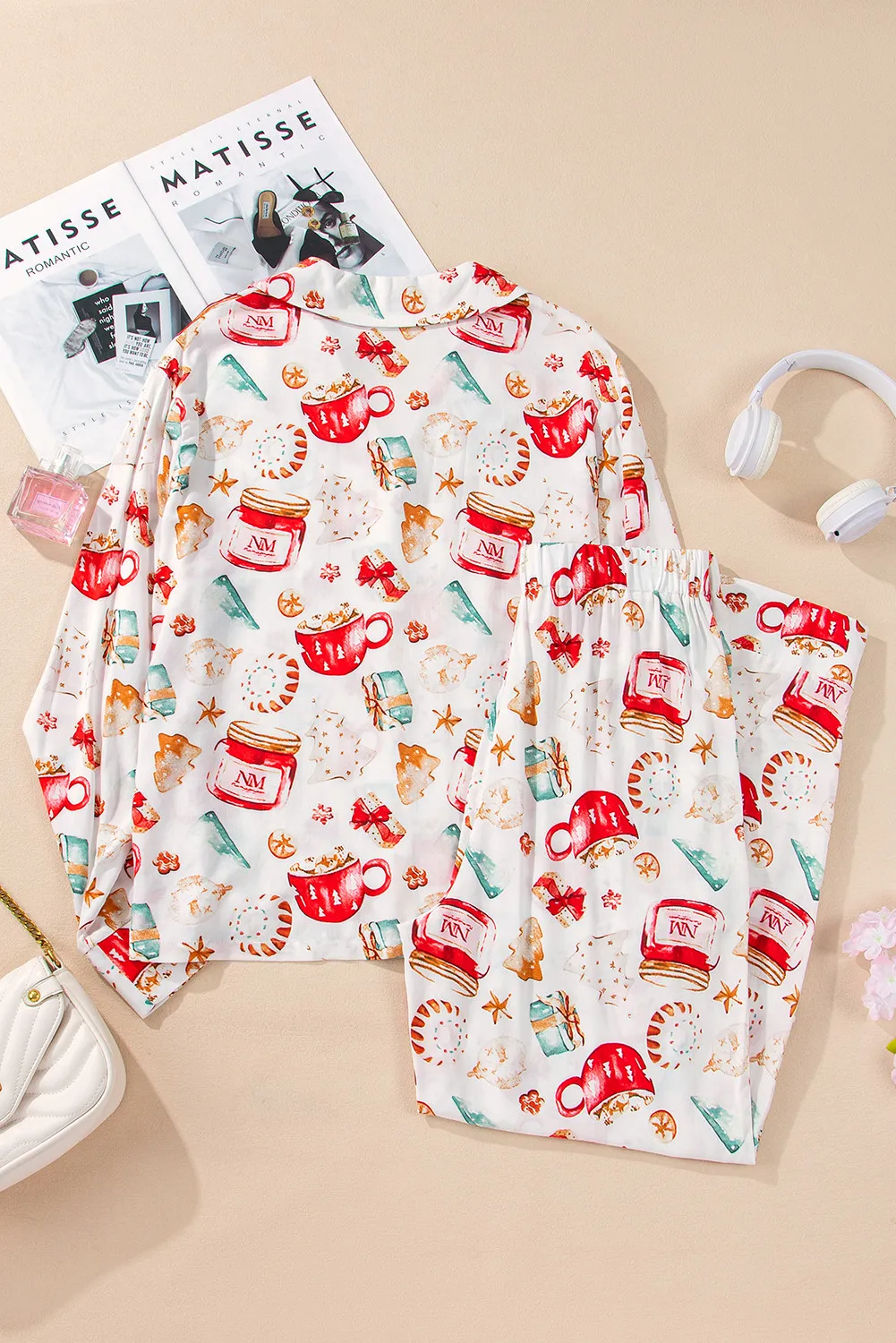 Printed Collared Neck Top and Pants Lounge Set - Image 4