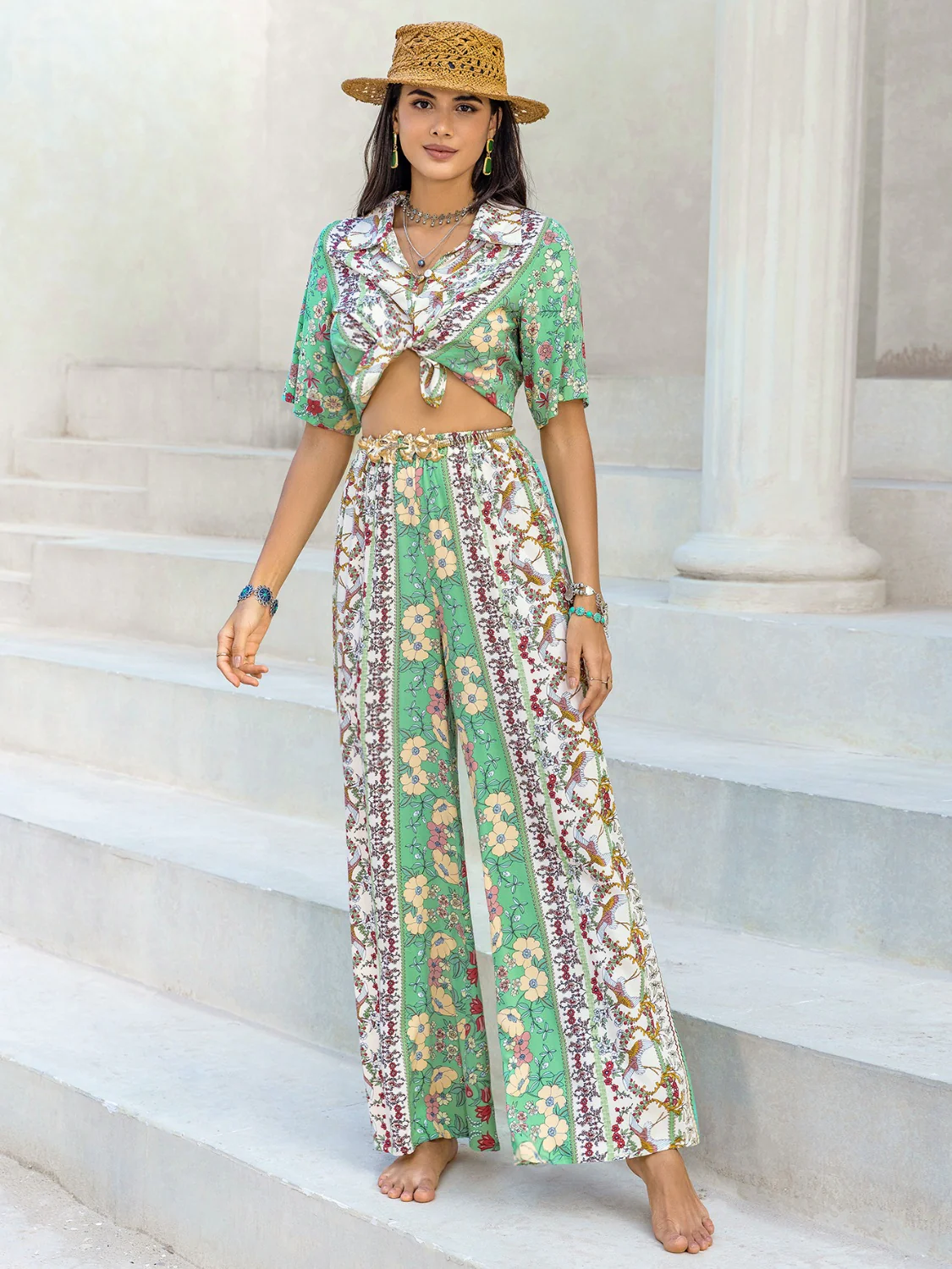 Printed Half Sleeve Top and Wide Leg Pants Set - Image 4